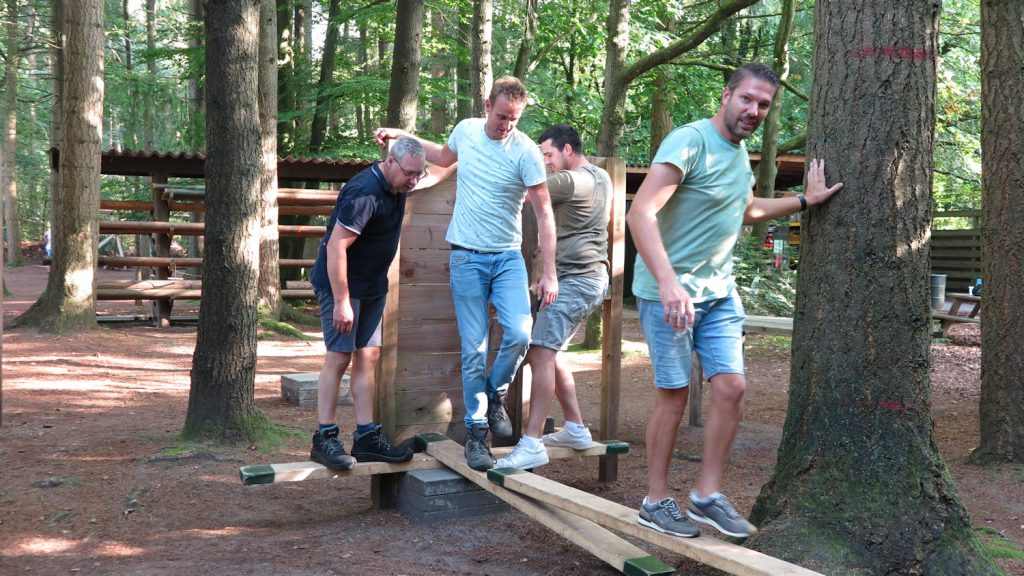 Vier collega's balanceren samen op een balk in het bos